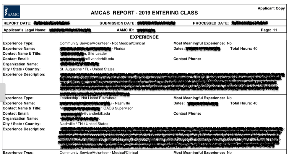 AMCAS Work and Activity Example Activity