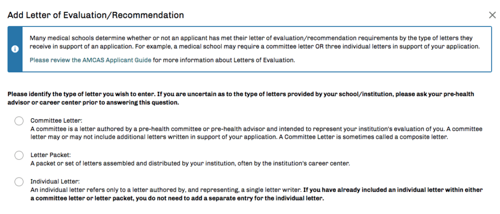 Image 11 AMCAS Application AMCAS Add letter of evaluation / Recommendation